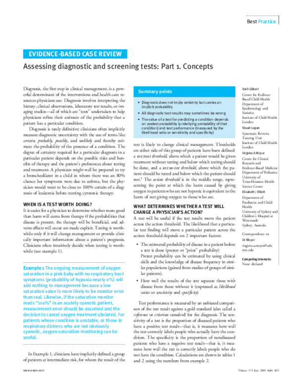 (PDF) Assessing diagnostic and screening tests: Part 1. Concepts