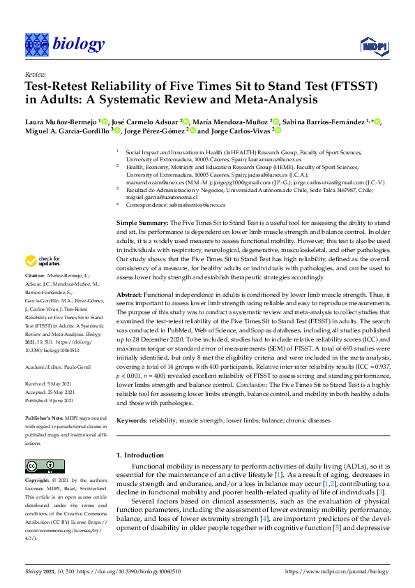 (PDF) Test-Retest Reliability of Five Times Sit to Stand Test (FTSST ...