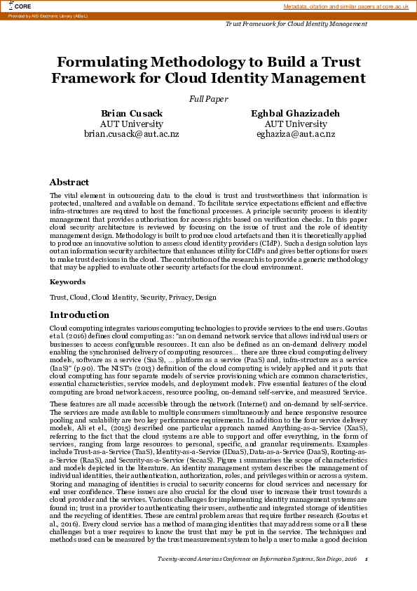 (PDF) Formulating Methodology to Build a Trust Framework for Cloud ...