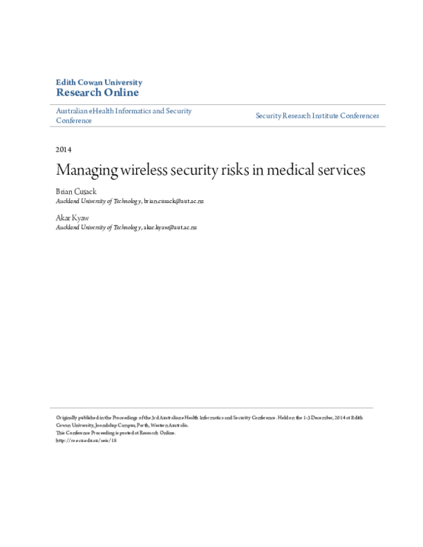 (PDF) Managing wireless security risks in medical services