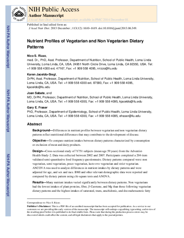 (PDF) Nutrient Profiles of Vegetarian and Nonvegetarian Dietary Patterns