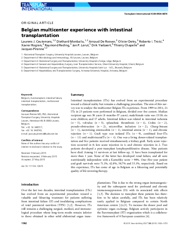 (PDF) Belgian multicenter experience with intestinal transplantation