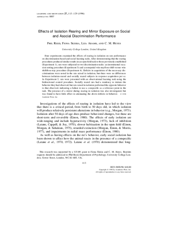 (PDF) Effects of Isolation Rearing and Mirror Exposure on Social and ...