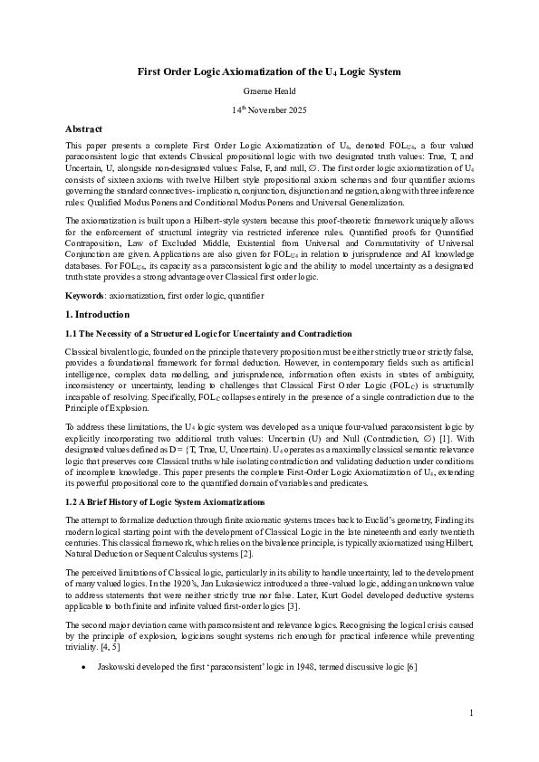 (PDF) First Order Logic Axiomatization of the U4 Logic System