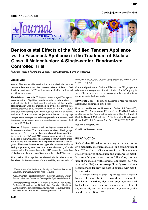 (PDF) Dentoskeletal Effects of the Modified Tandem Appliance vs the ...