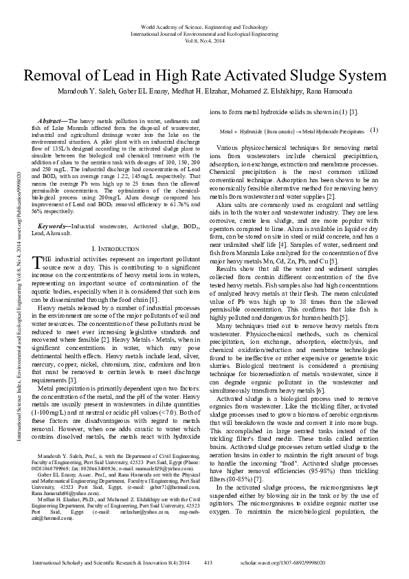 (PDF) Removal Of Lead In High Rate Activated Sludge System