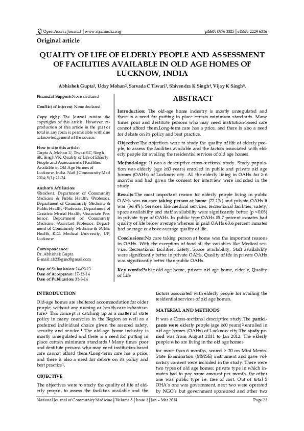 (PDF) Quality of Life of Elderly People and Assessment of Facilities ...