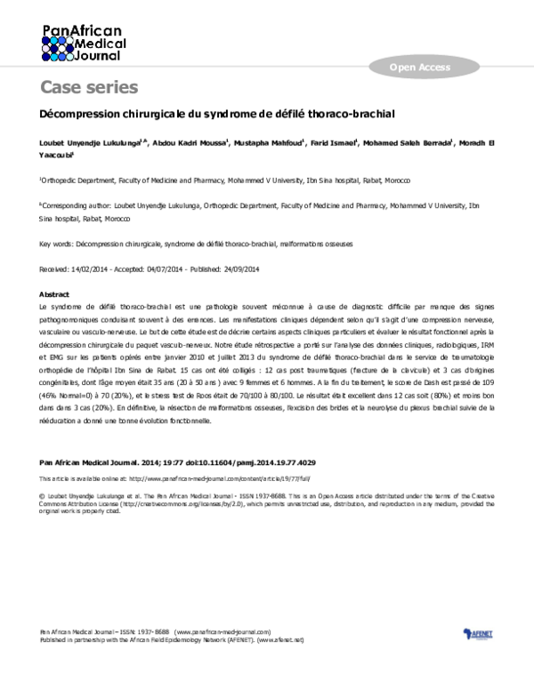 (PDF) chirurgicale du syndrome de défilé thoracobrachial — free download