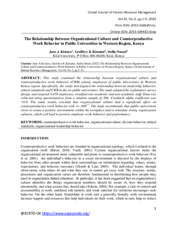 (PDF) The Relationship Between Organizational Culture and ...