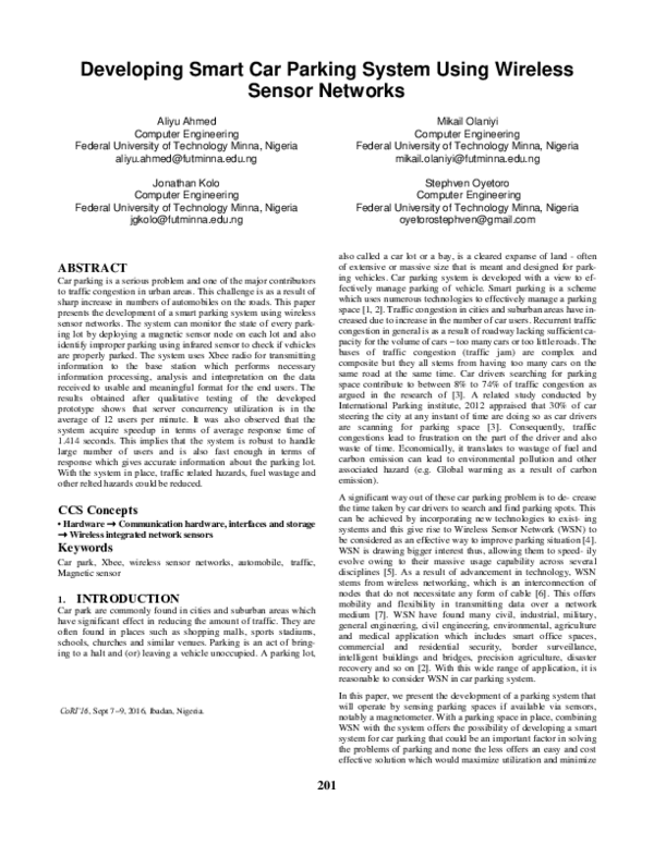 (PDF) Developing Smart Car Parking System Using Wireless Sensor Networks