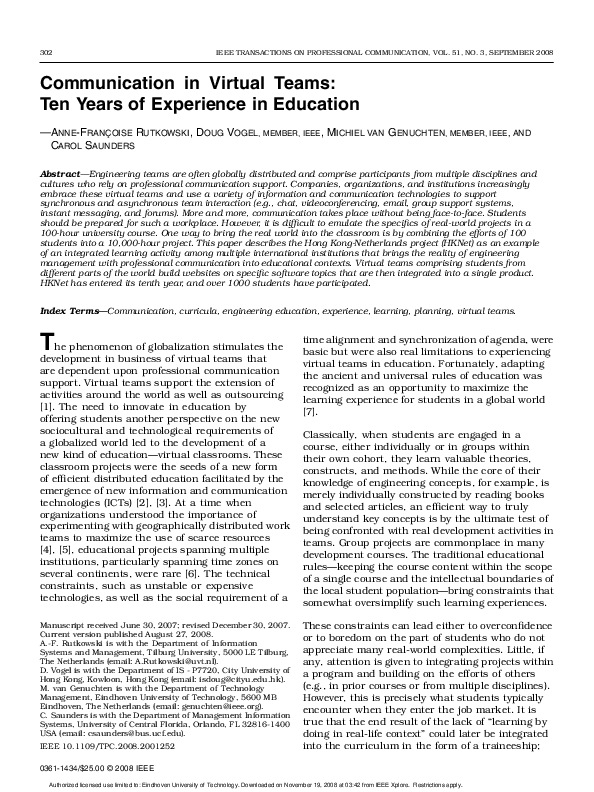 (PDF) Communication in Virtual Teams: Ten Years of Experience in Education