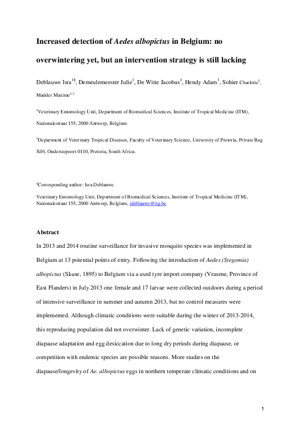 (PDF) Increased detection of Aedes albopictus in Belgium: no ...