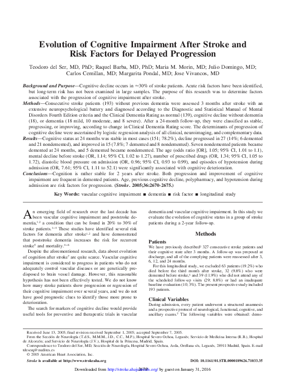 (PDF) Evolution of Cognitive Impairment After Stroke and Risk Factors ...