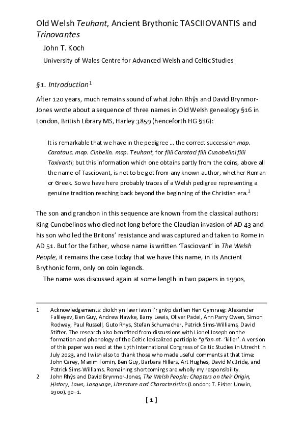 (PDF) Old Welsh Teuhant, Ancient Brythonic TASCIIOVANTIS and Trinovantes