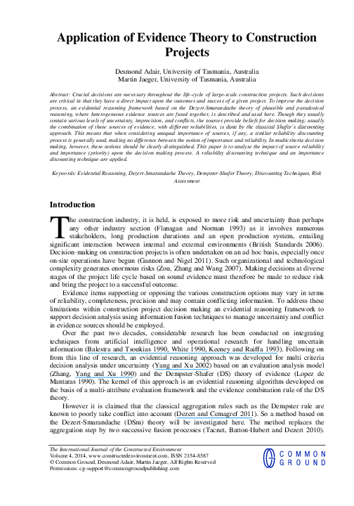 (PDF) Application of Evidence Theory to Construction Projects