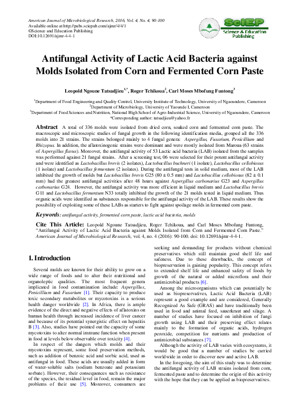 (PDF) Antifungal lactic acid bacteria isolated from fermented beverages ...