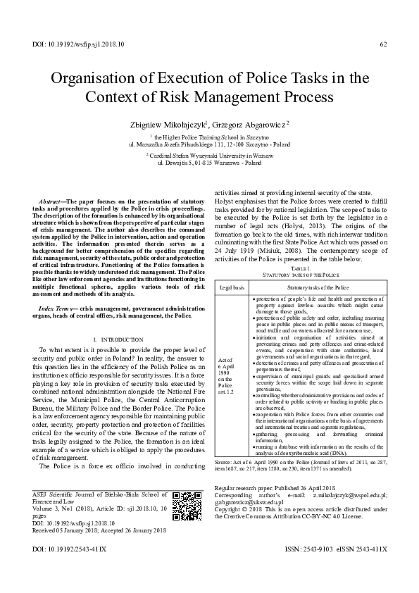 (PDF) Organisation of Execution of Police Tasks in the Context of Risk ...
