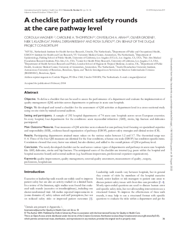 (PDF) A checklist for patient safety rounds at the care pathway level