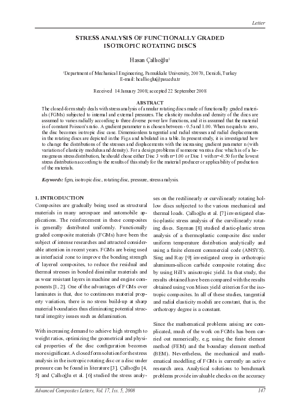 (PDF) Stress Analysis of Functionally Graded Isotropic Rotating Discs