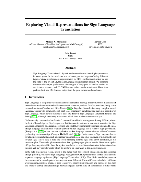 (PDF) Exploring Visual Representations for Sign Language Translation