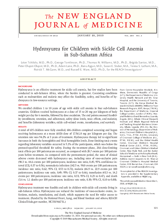 (PDF) Hydroxyurea for Children with Sickle Cell Anemia in Sub-Saharan ...