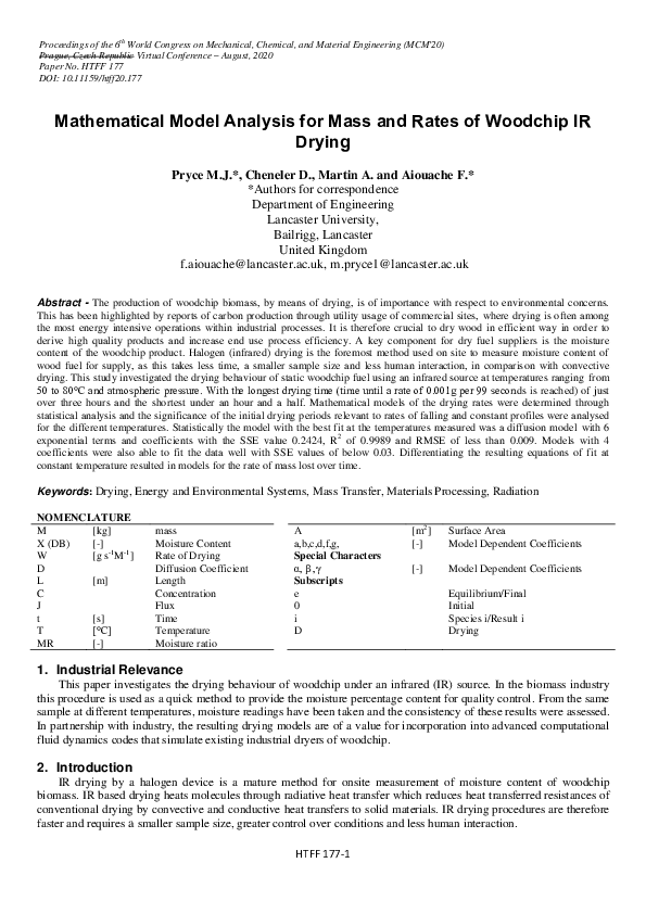 (PDF) Mathematical Model Analysis for Mass and Rates of Woodchip IR Drying