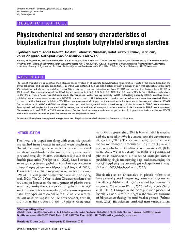 (PDF) Physicochemical and sensory characteristics of bioplastics from ...