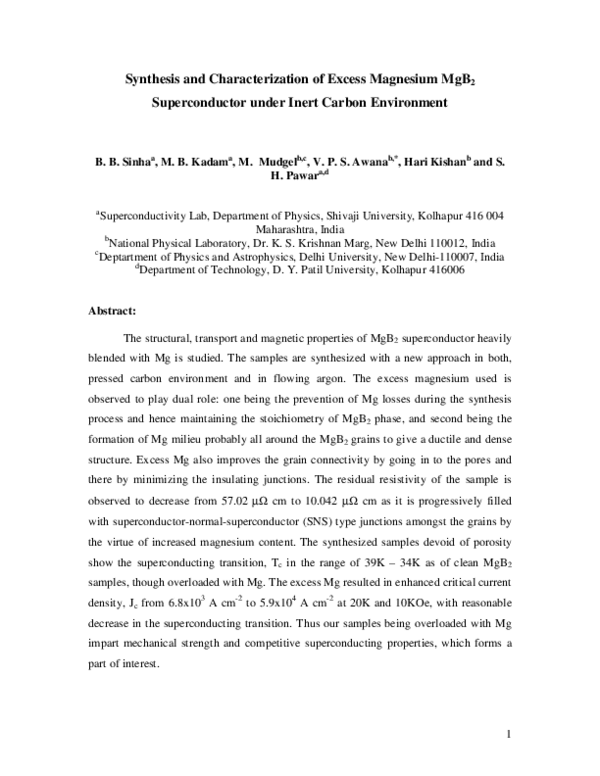(PDF) Synthesis and characterization of excess magnesium MgB2 ...