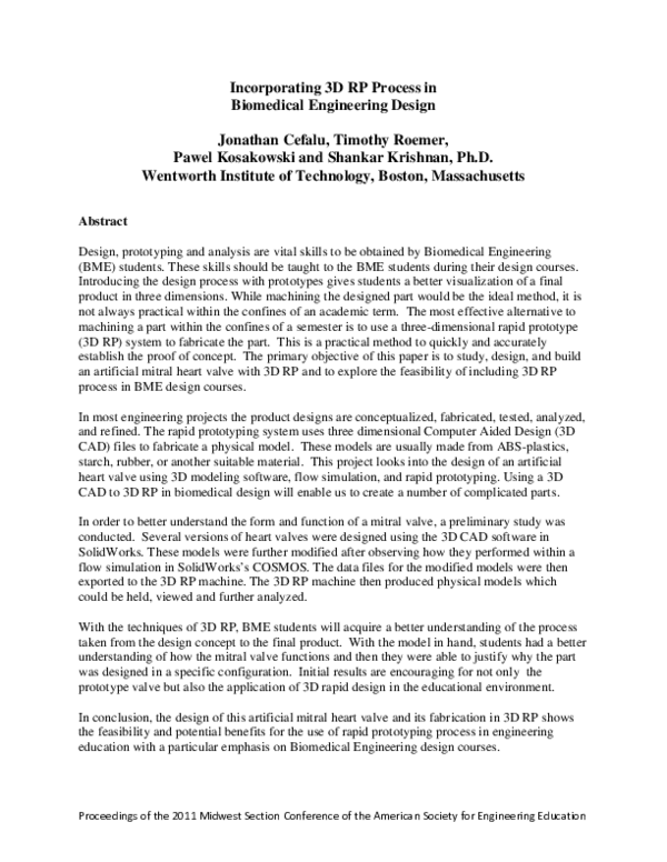 (PDF) Incorporating 3D RP Process in Biomedical Engineering Design