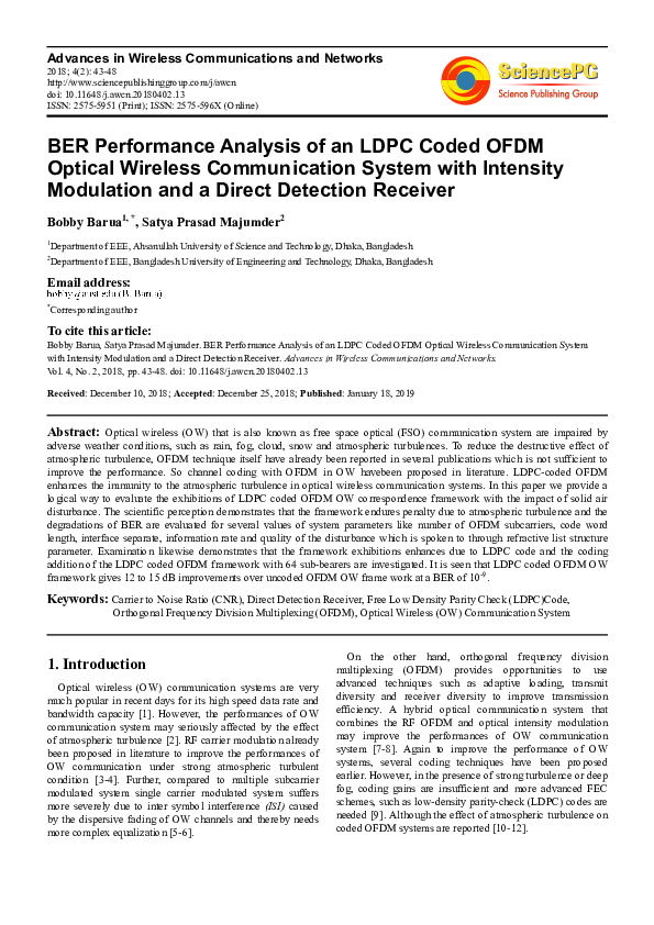 (PDF) BER Performance Analysis of an LDPC Coded OFDM Optical Wireless ...
