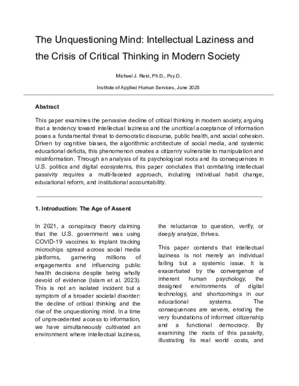 (PDF) The Unquestioning Mind: Intellectual Laziness and the Crisis of ...