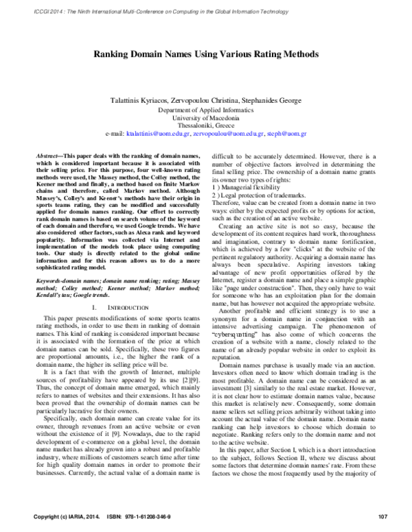 (PDF) Ranking Domain Names Using Various Rating Methods