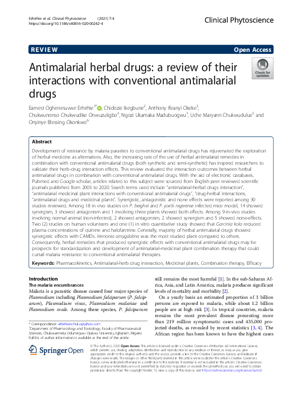 (PDF) Antimalarial herbal drugs: a review of their interactions with ...