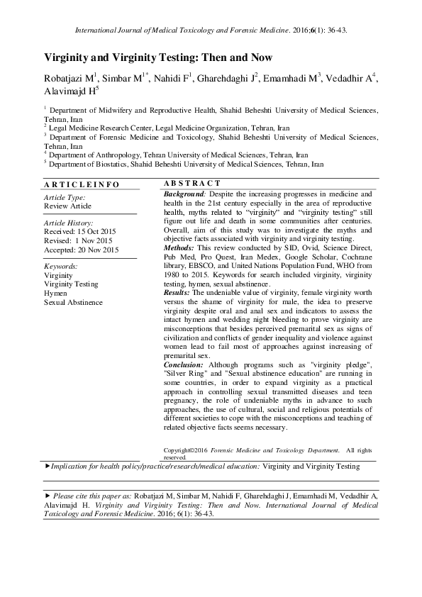 (PDF) Virginity and Virginity Testing: Then and Now