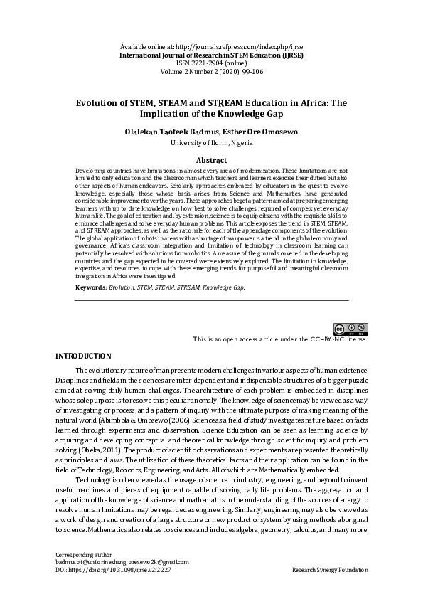 (PDF) Evolution of STEM, STEAM and STREAM Education in Africa: The ...
