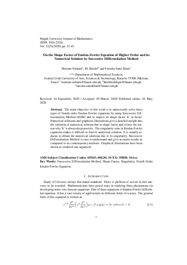 (PDF) On the Shape Factor of Emden-Fowler Equation of Higher Order and ...