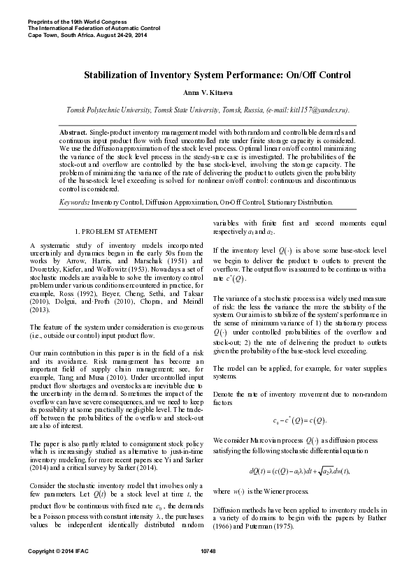 (PDF) Stabilization of Inventory System Performance: On/Off Control