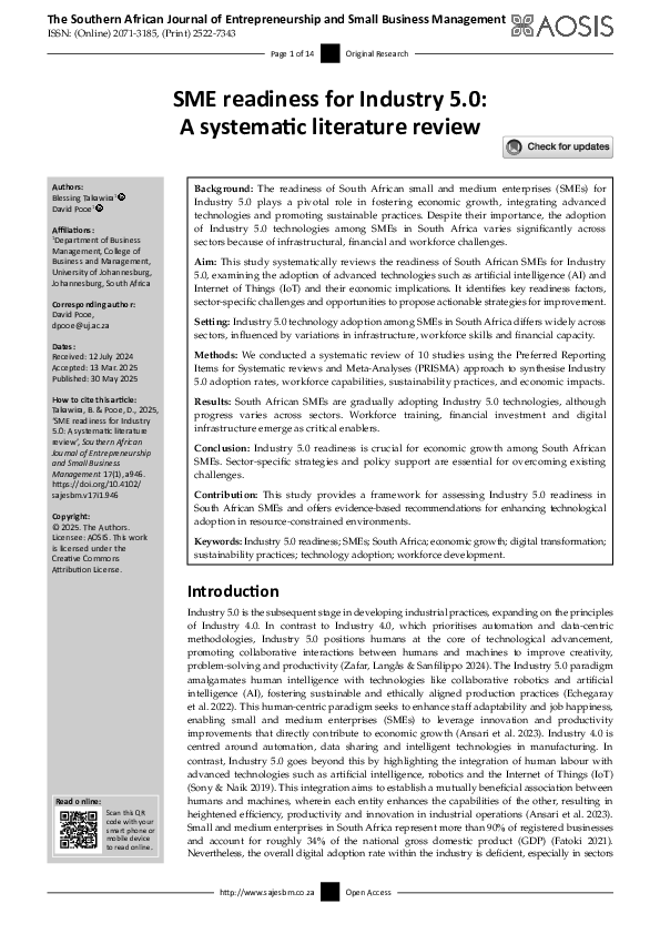 (PDF) SME readiness for Industry 5.0: A systematic literature review