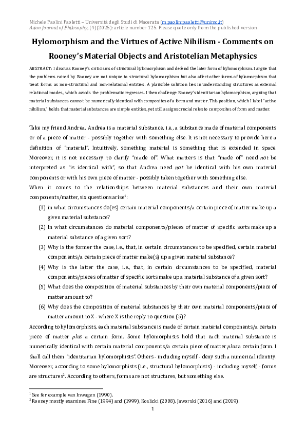 (PDF) Hylomorphism and the Virtues of Active Nihilism - Comments on ...