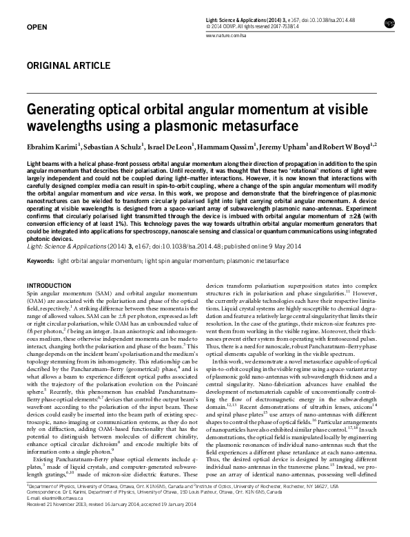 (PDF) Generating optical orbital angular momentum at visible ...