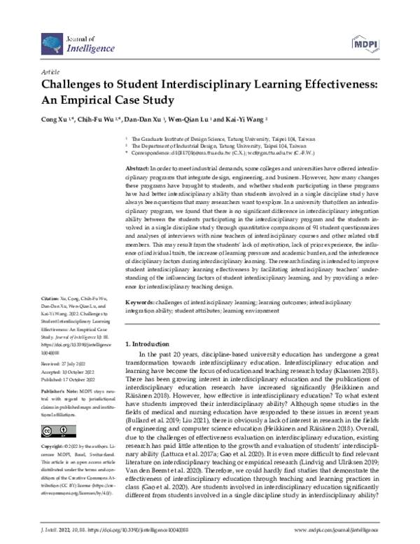 (PDF) Challenges to Student Interdisciplinary Learning Effectiveness ...