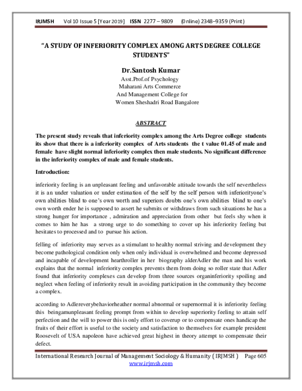 (PDF) "A STUDY OF INFERIORITY COMPLEX AMONG ARTS DEGREE COLLEGE STUDENTS"