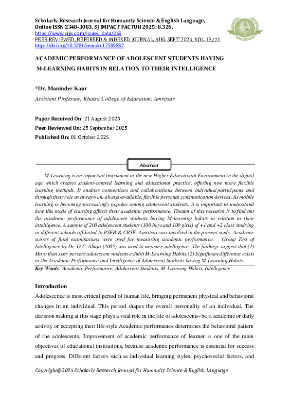 (PDF) ACADEMIC PERFORMANCE OF ADOLESCENT STUDENTS HAVING M-LEARNING ...