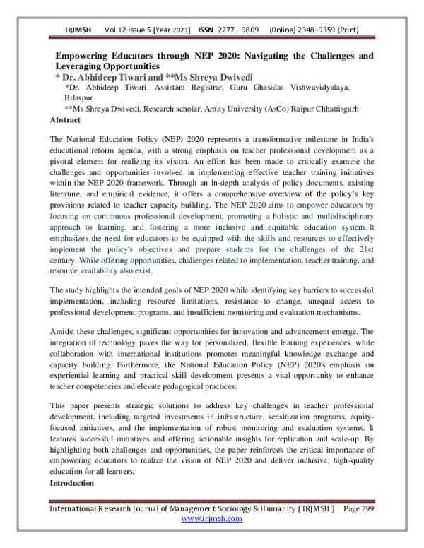 (PDF) Empowering Educators through NEP 2020: Navigating the Challenges ...