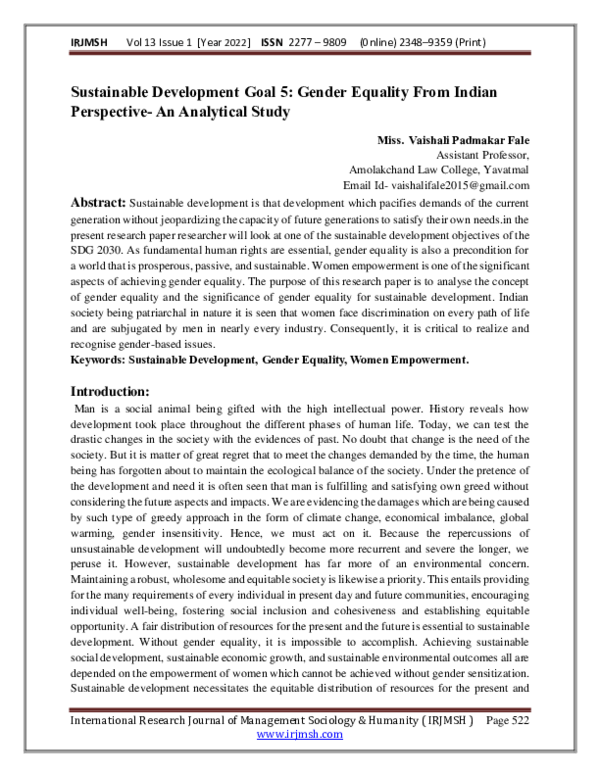 (PDF) Sustainable Development Goal 5: Gender Equality From Indian ...