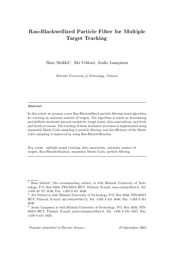 (PDF) Rao-Blackwellized particle filter for multiple target tracking