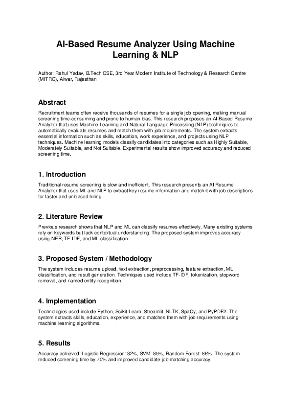 (PDF) AI-Based Resume Analyzer Using Machine Learning & NLP