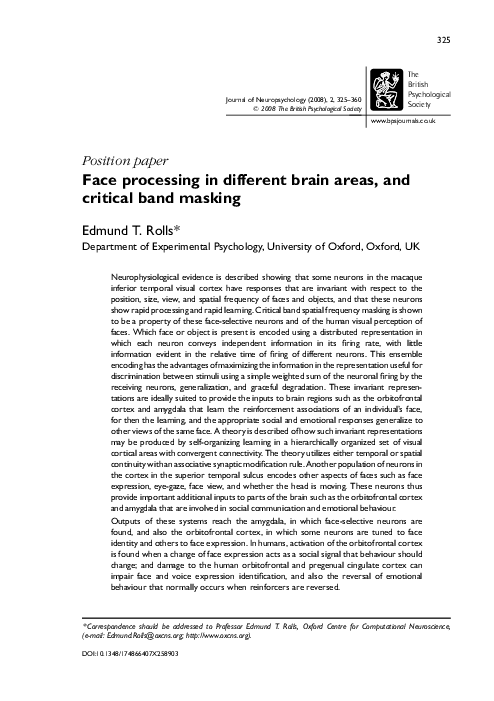 (PDF) Face processing in different brain areas, and critical band masking