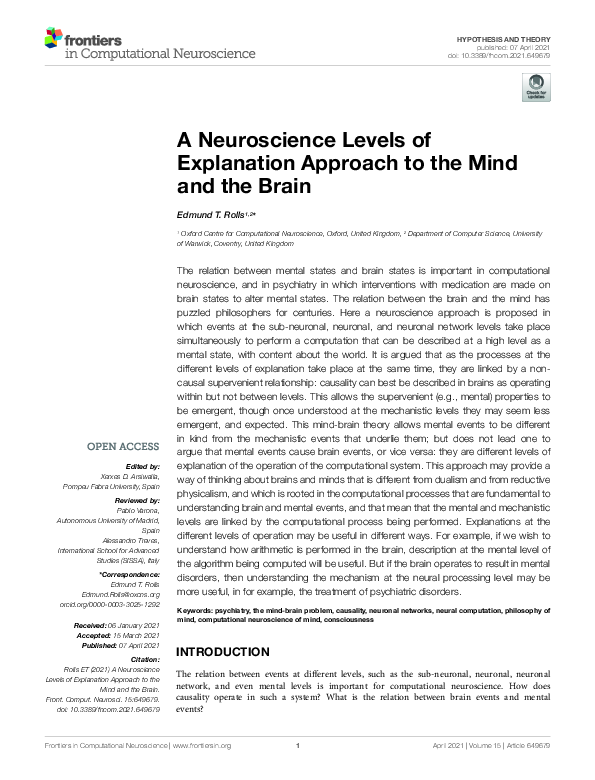 (PDF) A Neuroscience Levels of Explanation Approach to the Mind and the ...