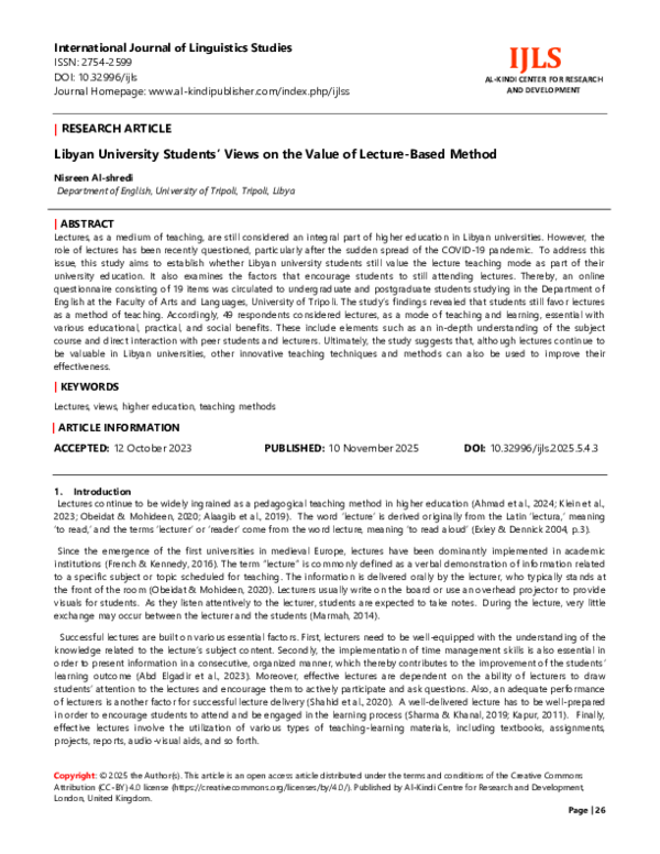 (PDF) Libyan University Students’ Views on the Value of Lecture-Based ...